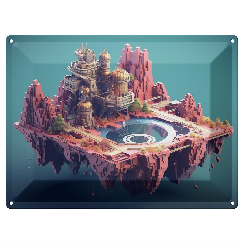 Wallario Blechschild Wandbild in : Brillante Farben, Größe 30 x 40 cm Motiv Schwebende Pixel-Oase
