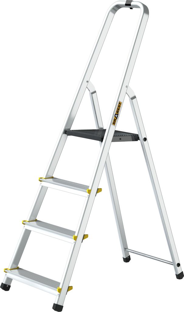 A silver step ladder with four steps is shown against a white background.