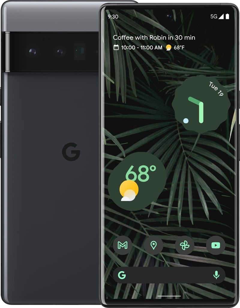 A Google Pixel 6 Pro phone is shown from the front and back, with the screen displaying the time, weather, and calendar.
