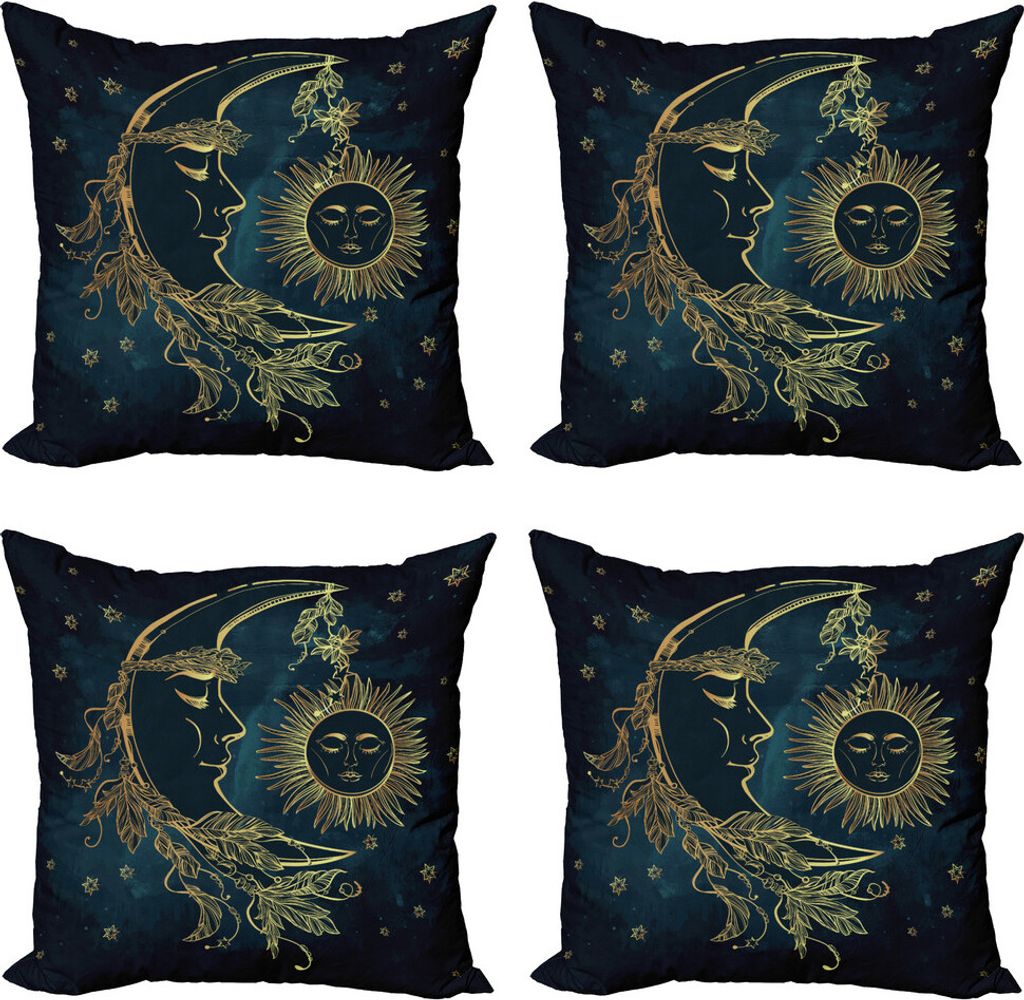 ABAKUHAUS Psychedelisch Kissenbezug Set (4 Stück), Mond mit Boho Federn, Moderner Doppelseitiger Digitaldruck, 60 cm x 60 cm, Gelb Petrol Blau
