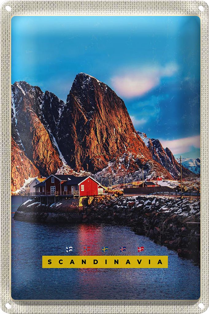Blechschild Reise 20x30cm Skandinawien Gebirge Meer rote Häuser