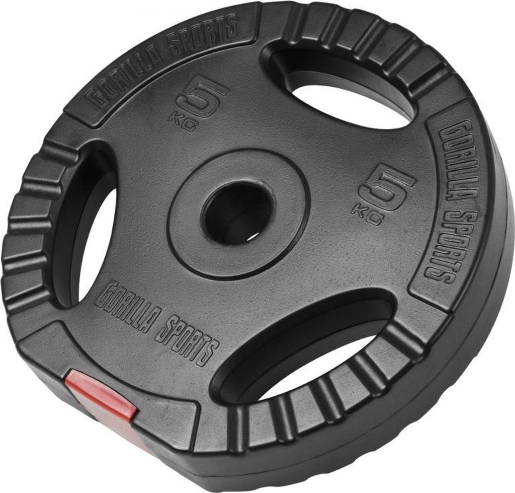 A single black weight plate with a red accent is shown against a white background.