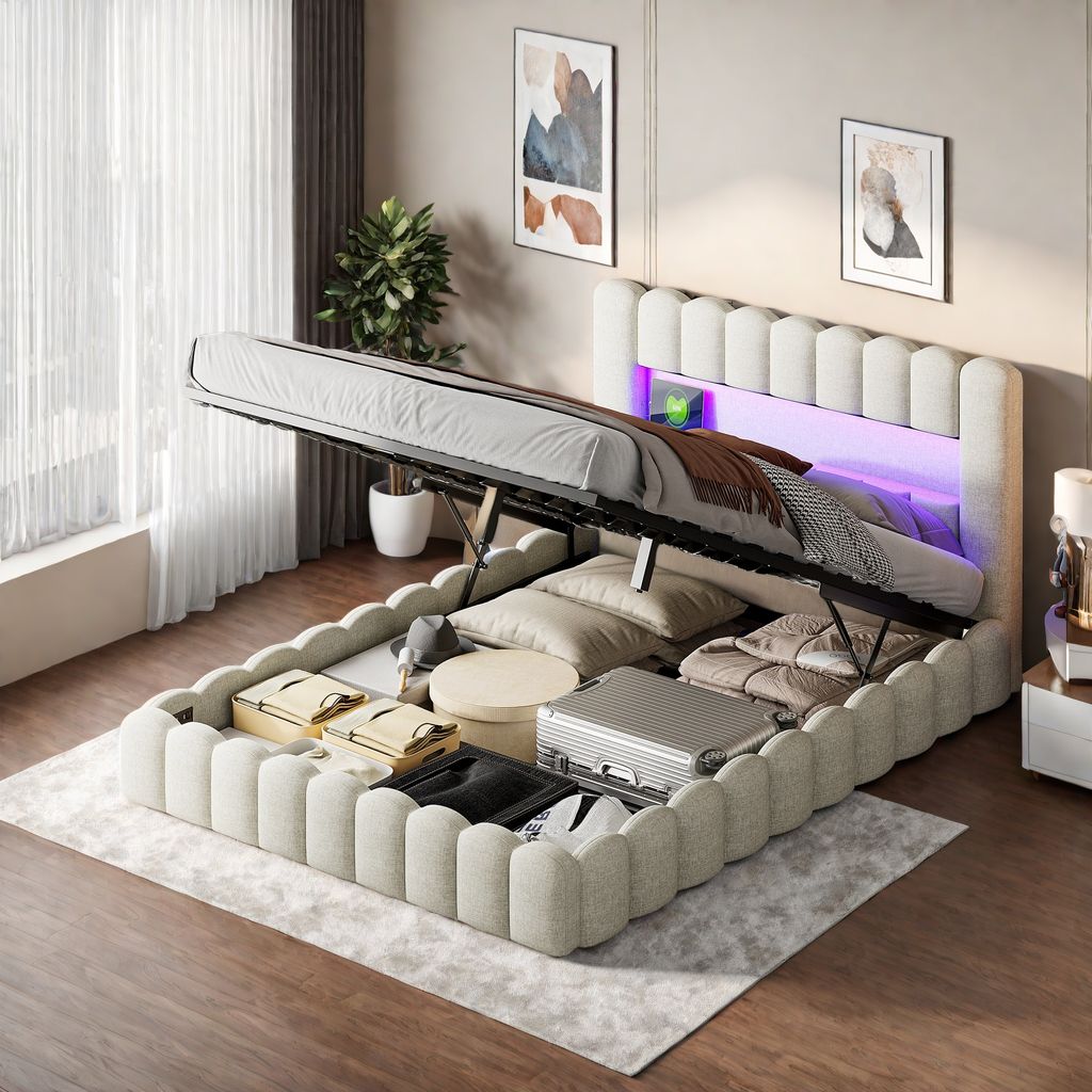 Polsterbett 160x200cm, Boxspringbett mit hydraulisches Bettkasten, Bett mit Lattenrost, Leselicht mit USB-Ladeanschluss und LED-Beleuchtung, Staura...