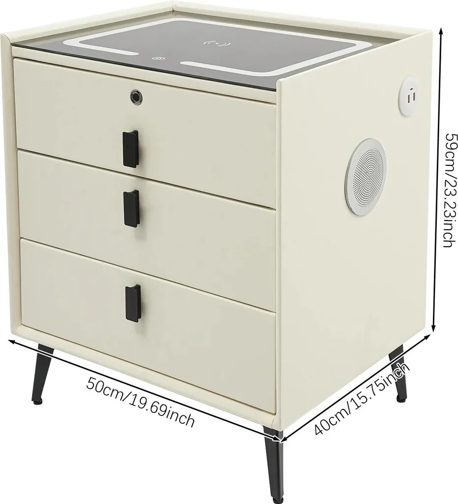 Commode de nuit connectée avec 3 tiroirs et port de charge USB Beige