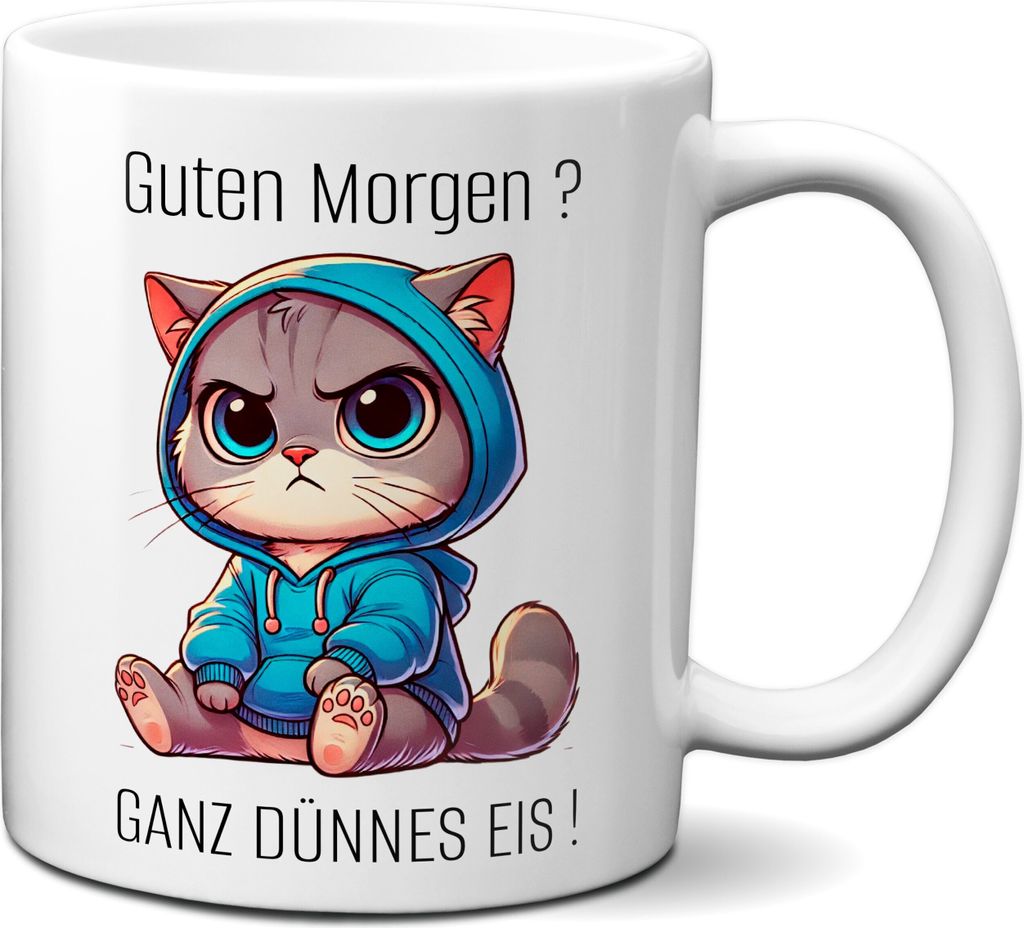 TassenKing - Tasse mit Spruch lustig Katze Morgenmuffel Guten Morgen? Ganz dünnes Eis! - Geschenk für alle Tierliebhaber und Kaffeegenießer
