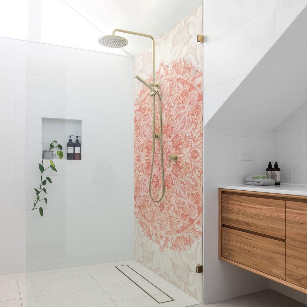 Duschrückwand Spirituell selbstklebend - 0.61 mm Wandpaneel wasserfest Ornament beige Aquarell Badrückwand fugenlos Premium matt 100x190 cm