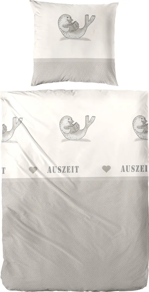 Parure de Lit 135x200 cm en Coton Renforcé Motif Phoque Gris et Blanc