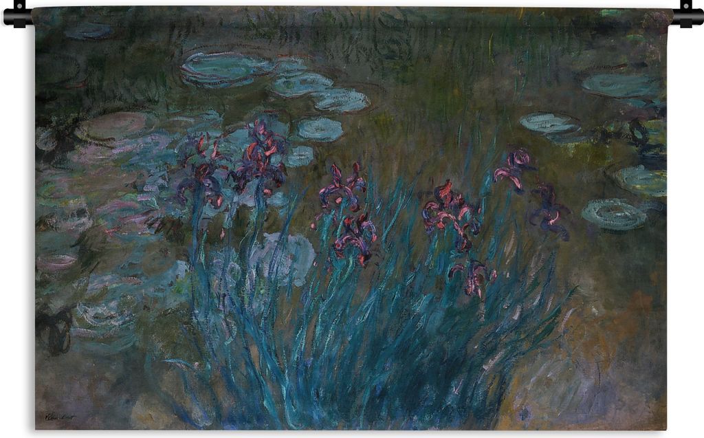 MuchoWow Wandteppich Wandbehang Schwertlilien und Seerosen - Gemälde von Claude Monet 90x60 cm Tapisserie Dekoration Wandtuch - Wandskulpturen -...