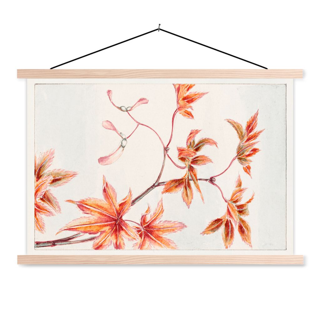 MuchoWow Textilposter Blätter - Baum - Ahorn - Vintage - Japanisch 120x80 cm mit holzfarbenen Rahmen - Aufhängeset