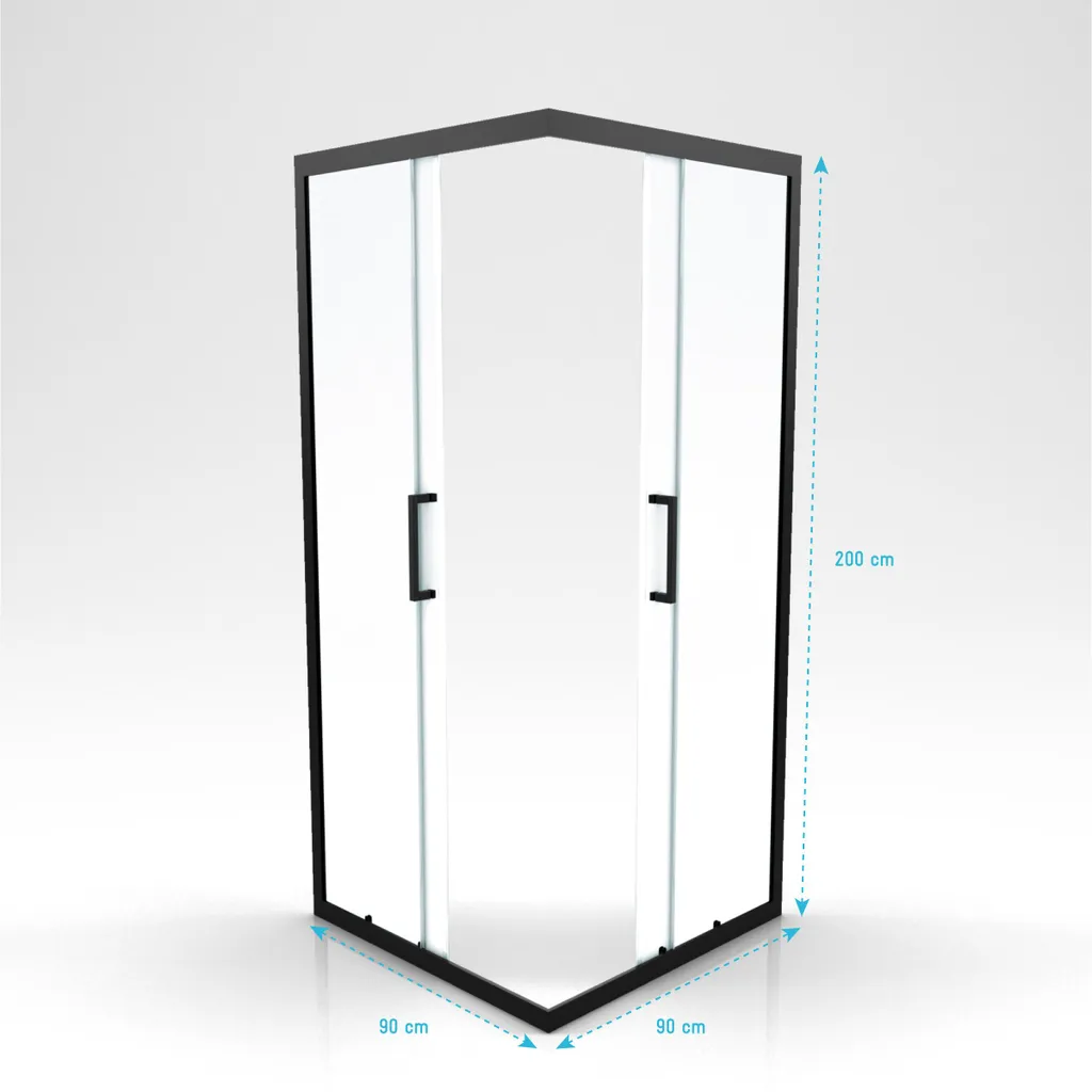 Porte de douche carrée 90x90x200 cm avec profilé noir mat en verre trempé