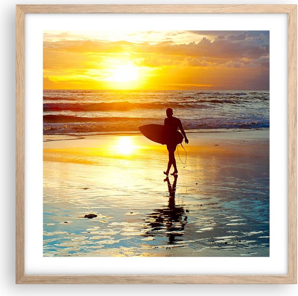 Gerahmtes Poster - Rahmen in heller Eiche - Surfer sonnenuntergang ozean brett - 50x50 cm - Wand Bild - Wanddeko - Wandbilder - Wandposter - Bilder...
