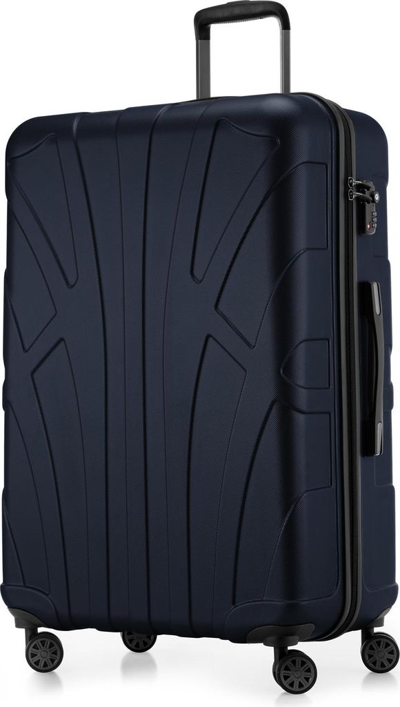 A dark blue suitcase is shown against a white background.