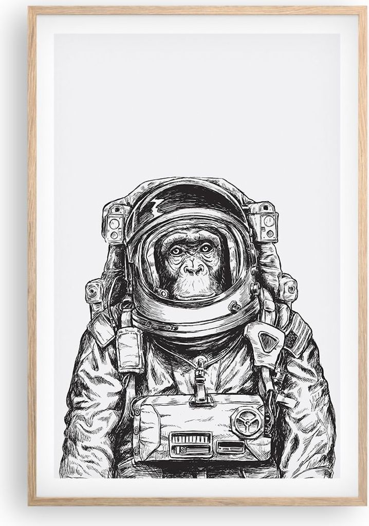 Gerahmtes Poster - Rahmen in heller Eiche - Schimpanse Astronaut Zeichnung - 61x91,5 cm - Wand Bild - Wanddeko - Wandbilder - Wandposter - Bilderra...