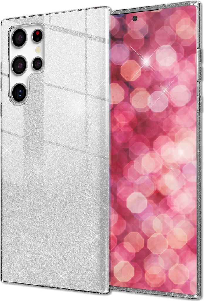 NALIA Hybrid Glitzerhülle für Samsung Galaxy S24 Ultra Hülle, Glänzende Glitzer Schutzhülle mit verstärktem Silikon Silber