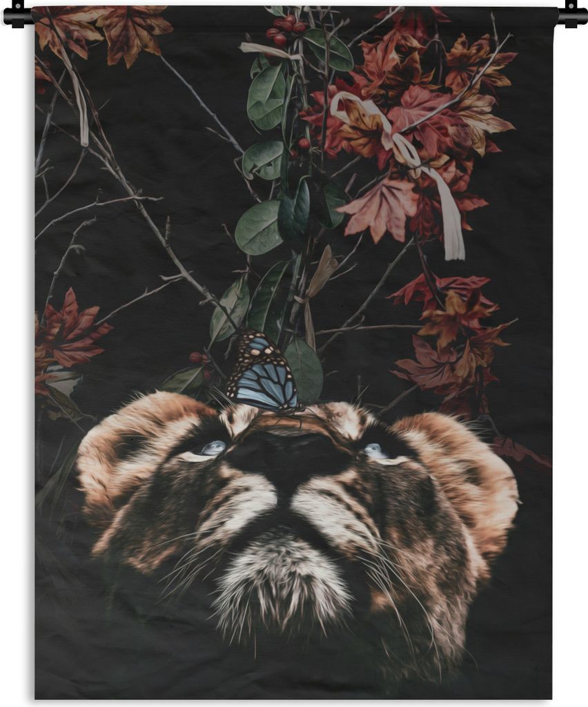MuchoWow Wandteppich Wandbehang Tiger - Schmetterling - Blumen 150x200 cm Tapisserie Dekoration Wandtuch - Wandaufhängung - Moderner