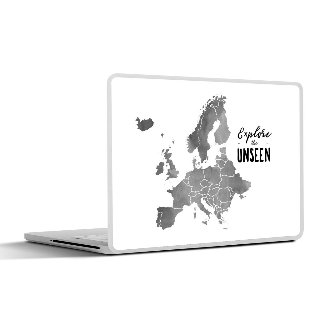 MuchoWow Laptop Aufkleber Sticker Cover Eurocard in grauer Aquarellfarbe mit dem Zitat "Explore the unseen" - schwarz-weiß 31x22.5 cm - Laptop-Deko