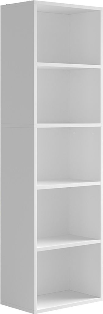 A white, empty bookshelf with five shelves, shown from a slight angle.