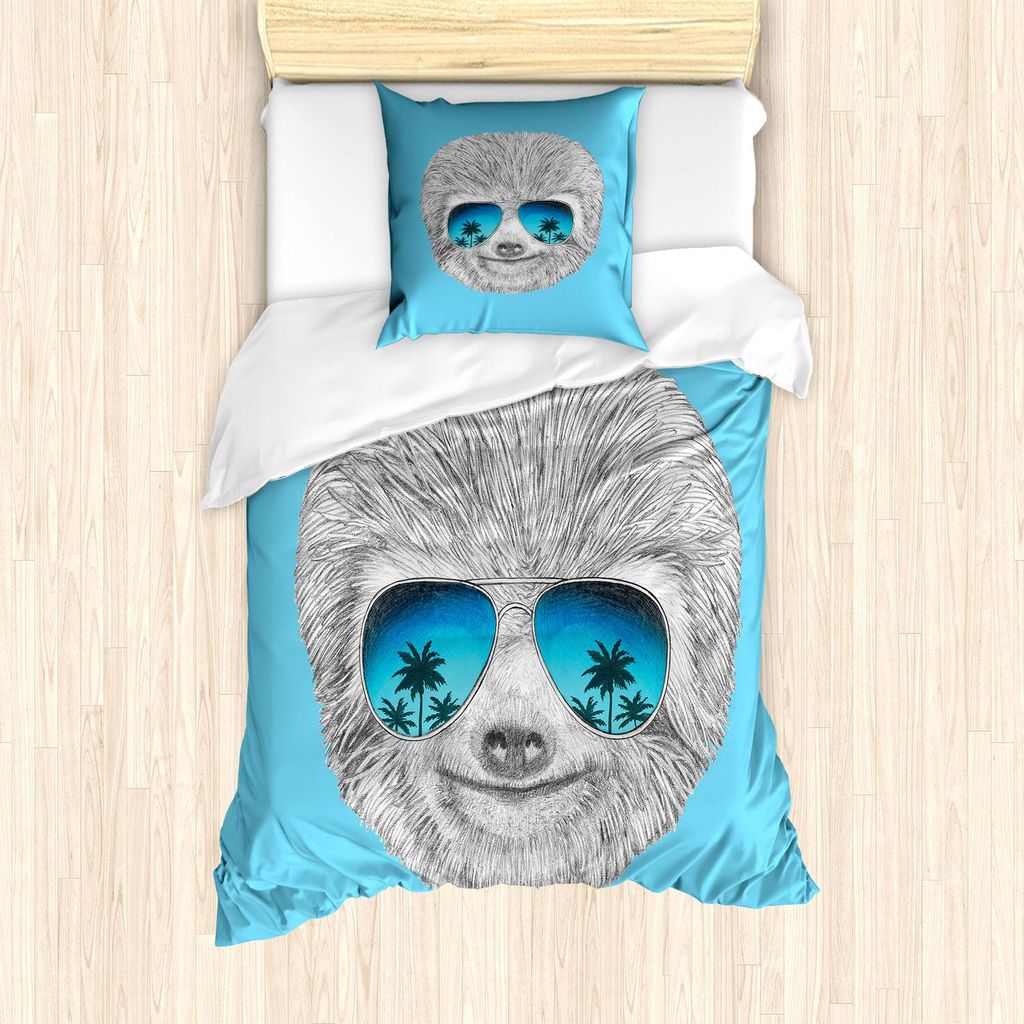 ABAKUHAUS Faultier Bettbezug Set, Porträt der Trägheit mit Spiegel Sonnenbrille exotischen Palmen Hawaiian Beach Hipster, 135 x 200 cm + 80 x 80 ...
