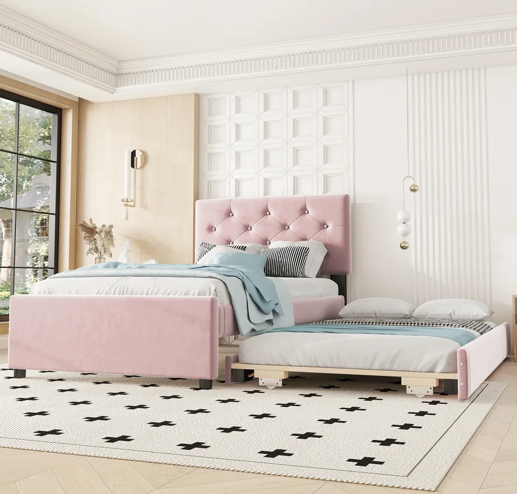 Lit d'adolescent 90x200cm avec couchage d'appoint gigogne en velours rose