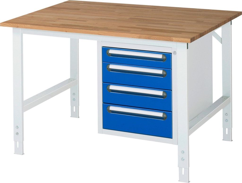 RAU Arbeitstisch 1250x1000x910-1230 4xSchub B-Platte 25mm l.gr/e.bl
