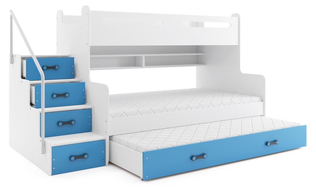 BMS Etagenbett für Kinder MAX 3 Weiß Blau mit 3 Matratzen Produktbild 