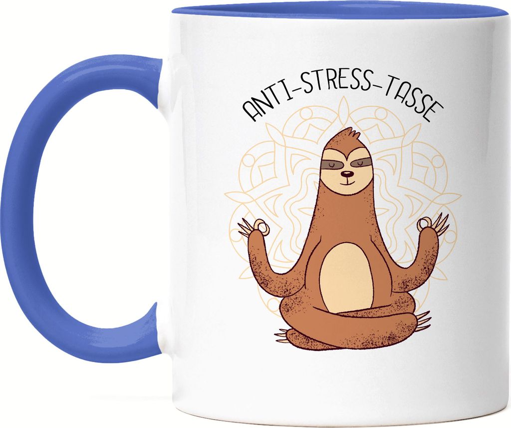 Anti-Stress Tasse Blau Meditation Lustig Spruch Ironie Produktbild 