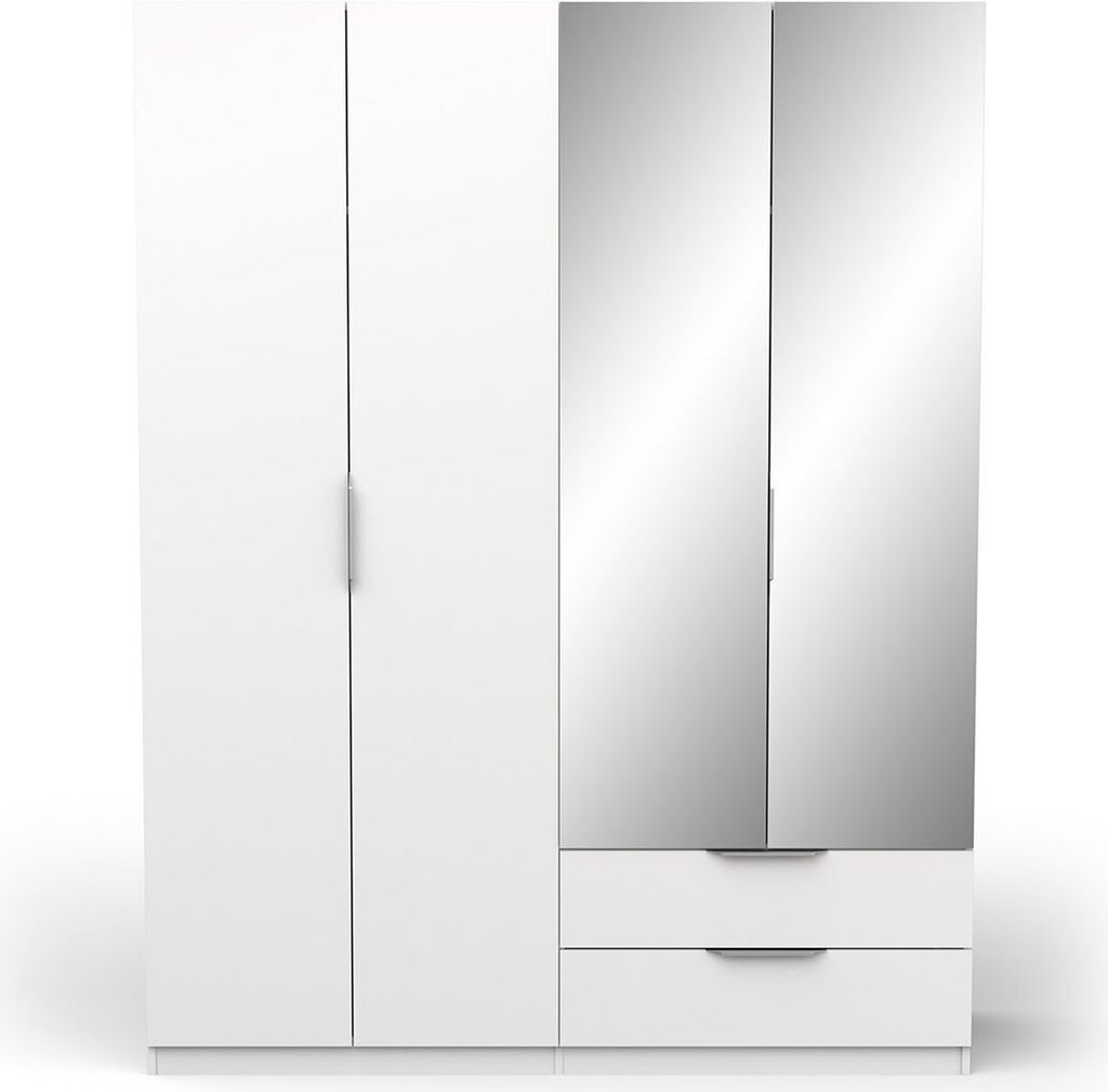 CALICOSY - Kleiderschrank mit 4 Türen, 2 Schubladen und 2 Spiegeln Ghost - L157,3 cm
