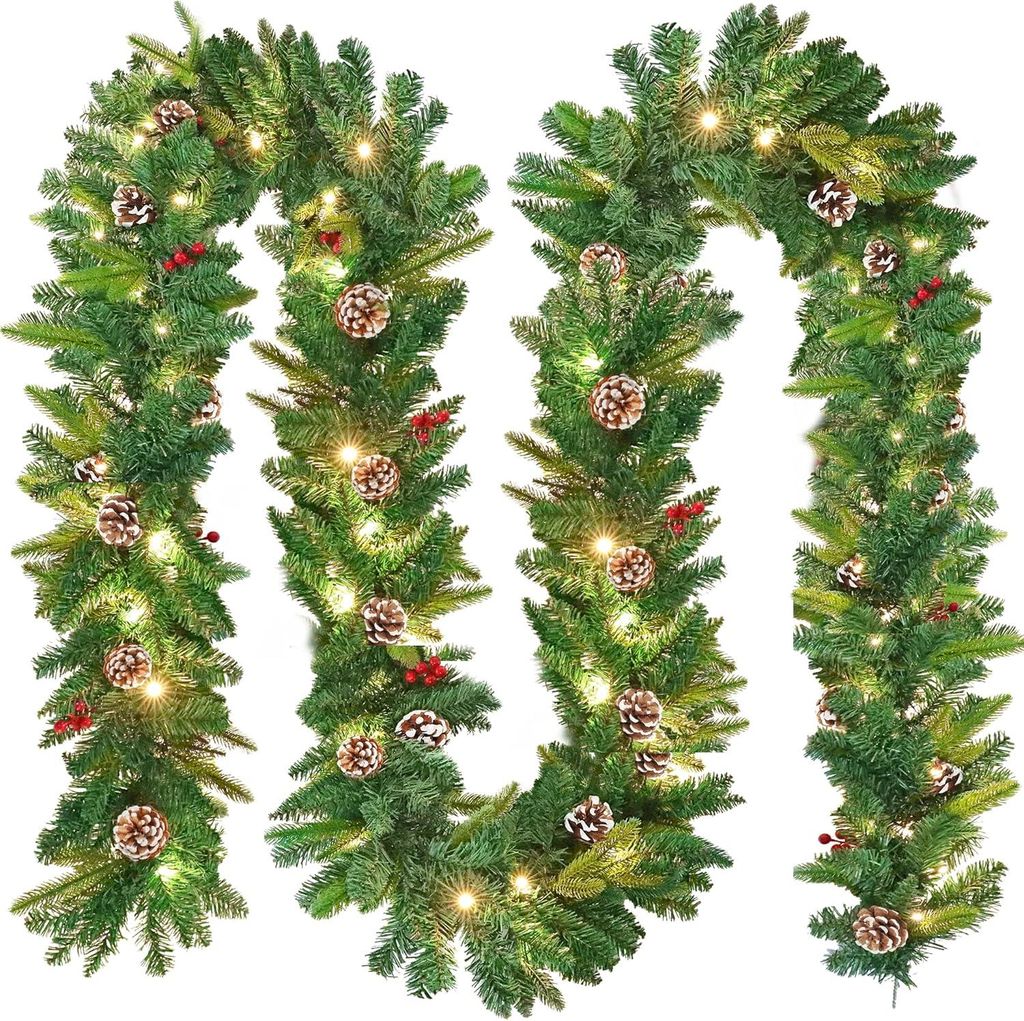 JOIEYOU 800cm Weihnachtsgirlande mit 125 Warmweiß LEDs Beleuchtung PVC Künstliche Weihnachten Tannengirlande mit Kiefernzapfen & Rot Beeren Girla...