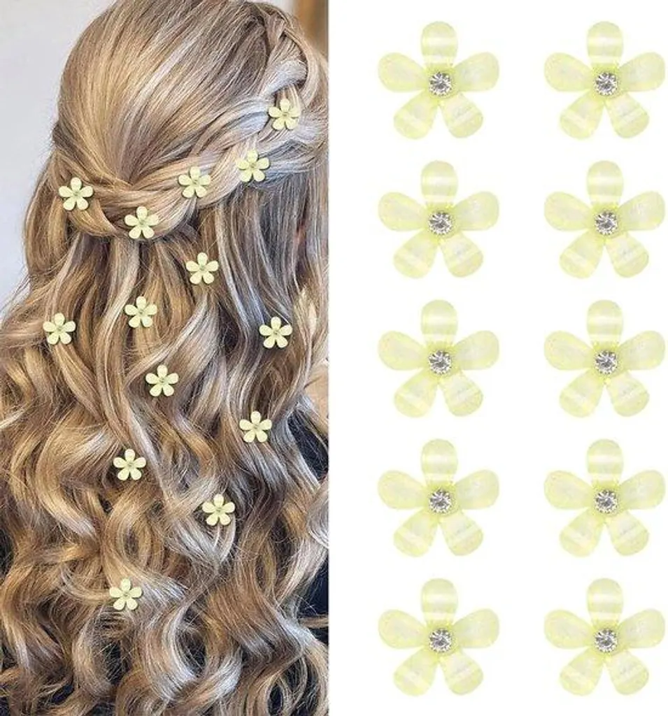 Barrettes à fleurs avec strass brillants jaunes pour mèches rebelles