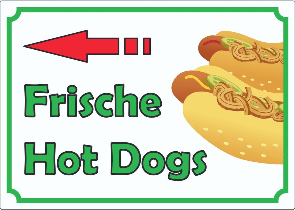 Frische Hot Dogs Aufkleber mit Pfeil links A9 (37x52mm)