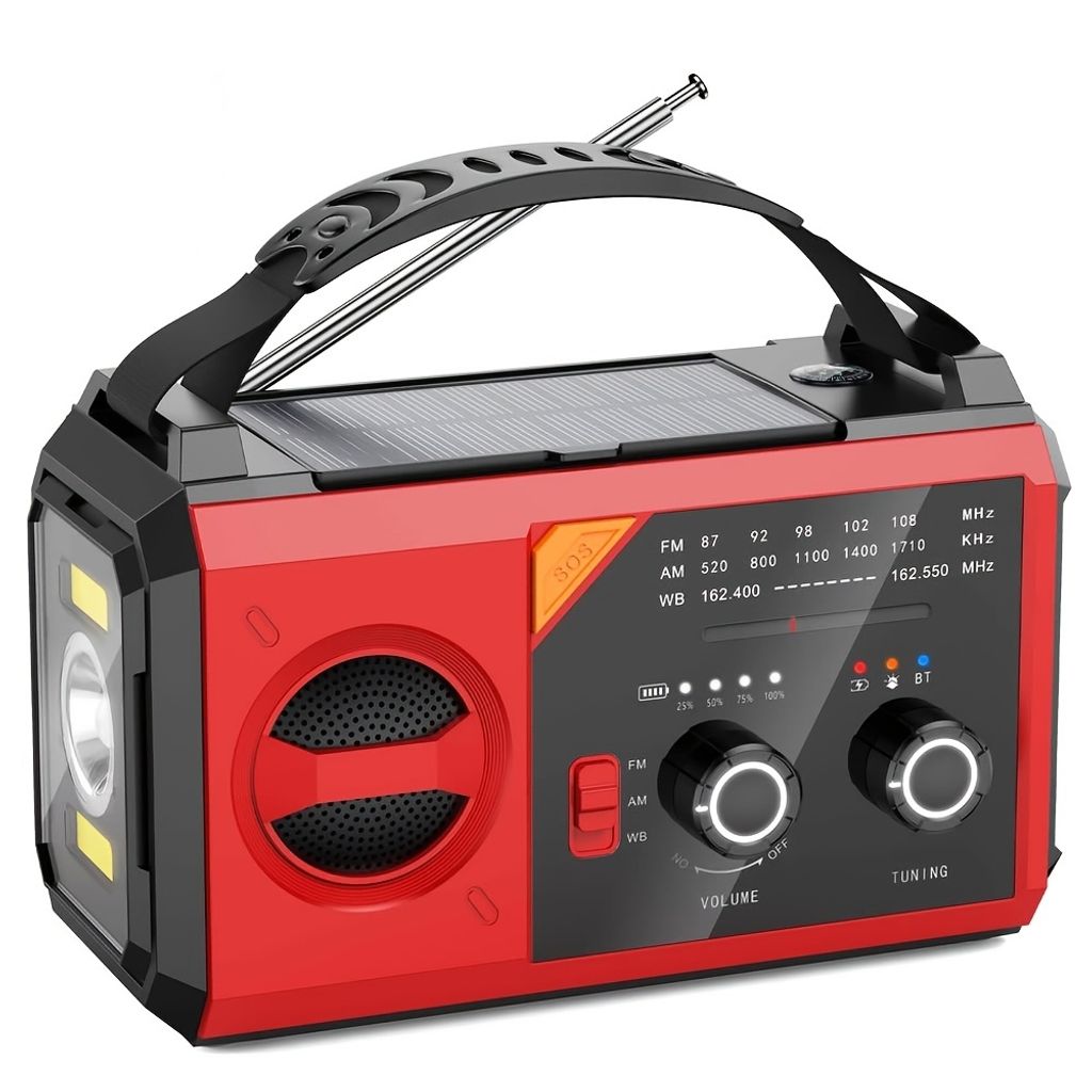 ZELRUXX Notfallradio 20000mAh mit Solarladung, Handkurbel, Bluetooth 5.3, Taschenlampe, AM/FM/NOAA, Rot