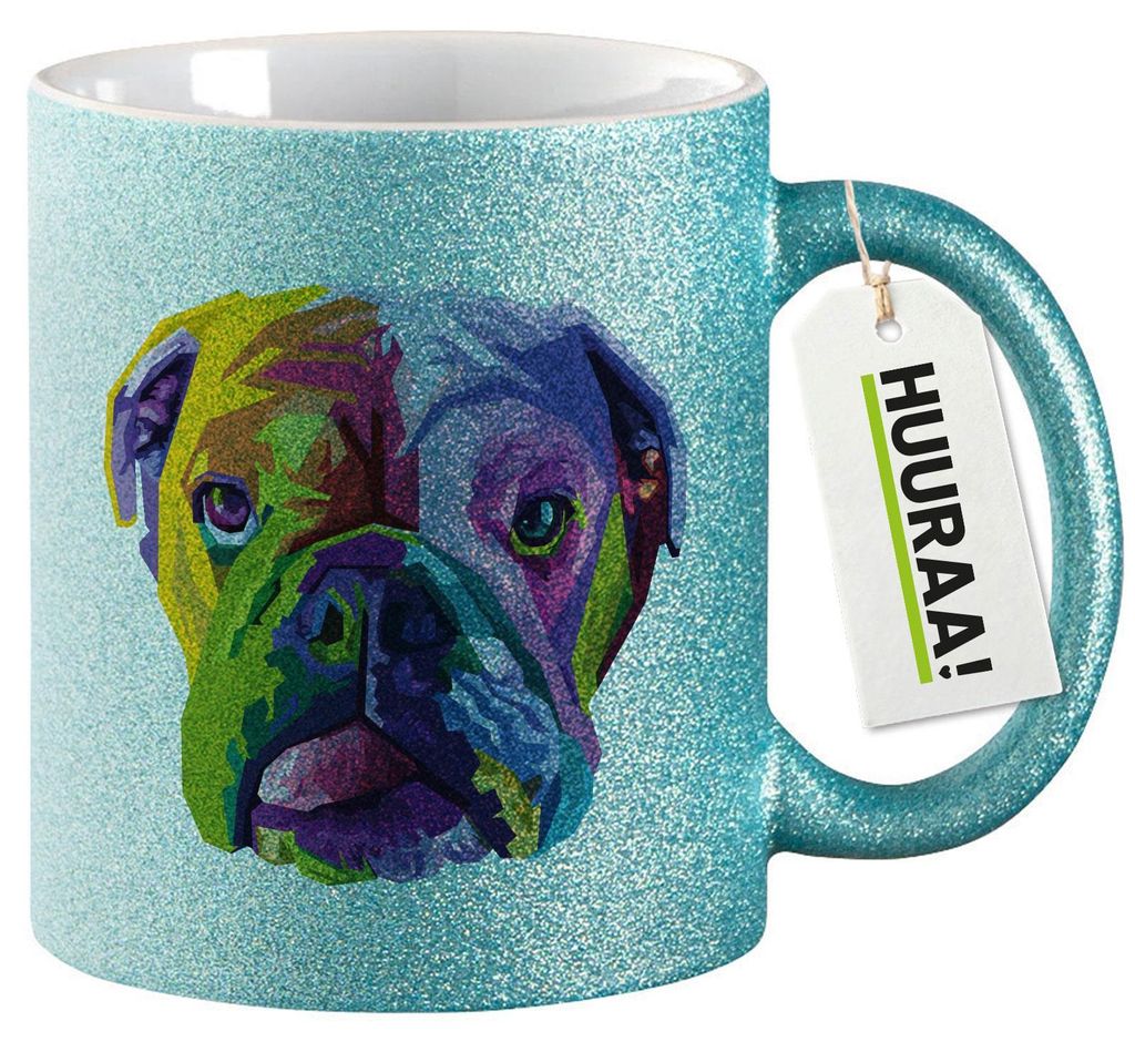 Huuraa Glitzertasse Englische Bulldogge Colorful 330ml Blau Keramik Kaffeebecher Geschenkidee