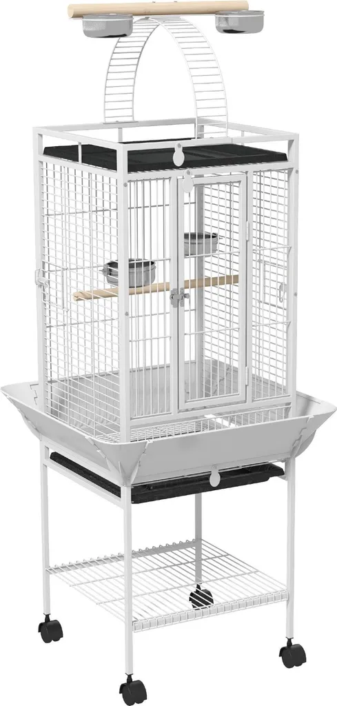 Cage Perroquet Blanche avec 3 Portes Latérales et Châssis à Roulettes