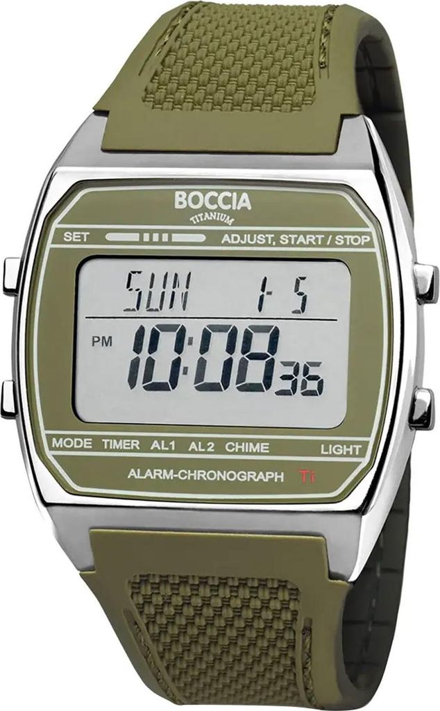 A digital watch with a green strap and a silver-tone case, displayed against a white background.