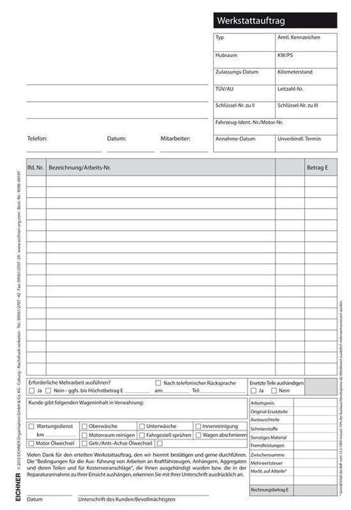 Werkstatt-Arbeitskarten zur Erfassung von Aufträgen, in verschiedenen Formaten, Größe DIN A5, Arbeitspositionen 11, Verpackungseinheit: 1 BLT/500