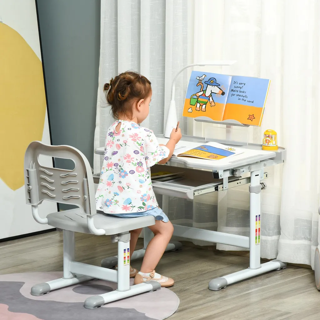 Bureau Enfant Inclinable avec Lampe LED et Support Lecture - Gris Hauteur