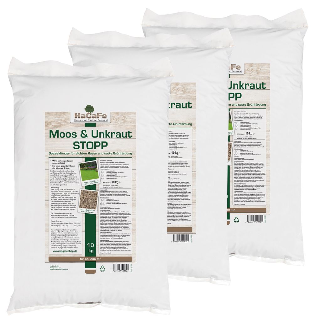 HaGaFe Rasendünger Moos und Unkraut - Stopp, 3 x 10kg, Spezialdünger gegen Moos und Unkraut im Rasen ohne Pflanzenschutz