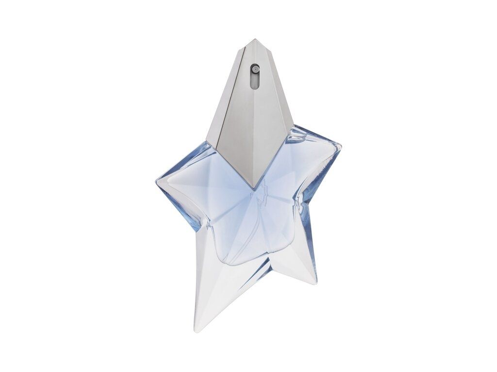 A star-shaped perfume bottle with a silver cap against a white background.