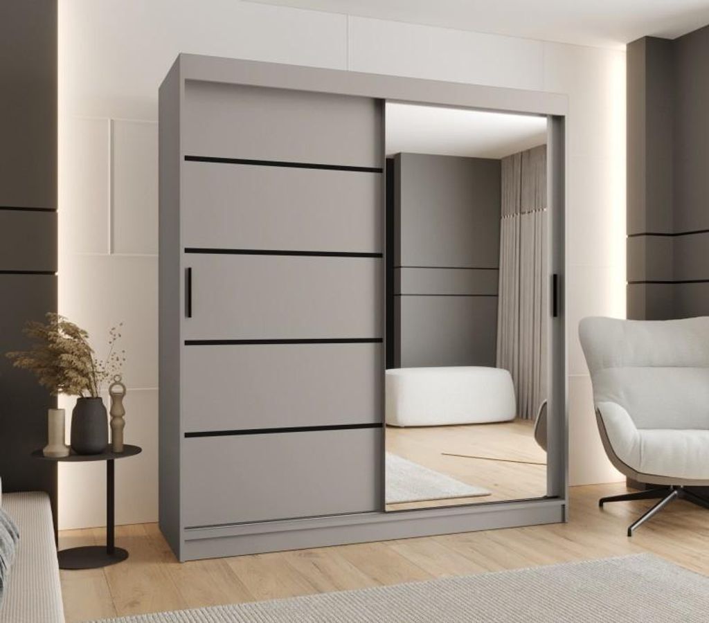 Breiter Kleiderschrank CASANDRA 180 cm mit Spiegel – Kaschmir/Schwarz