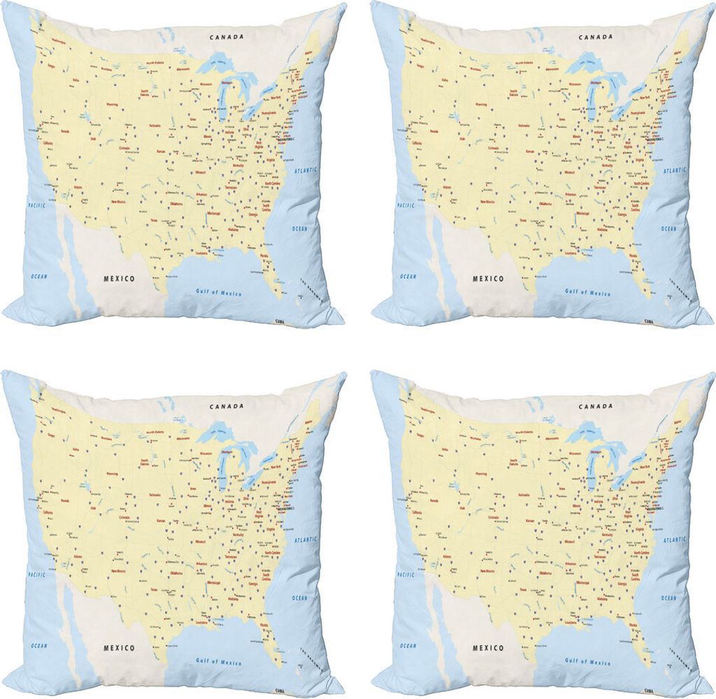 ABAKUHAUS Karte Kissenbezug Set (4 Stück), Amerika Städte Interstate, Moderner Doppelseitiger Digitaldruck, 50 cm x 50 cm, Gelb Rot Hellblau