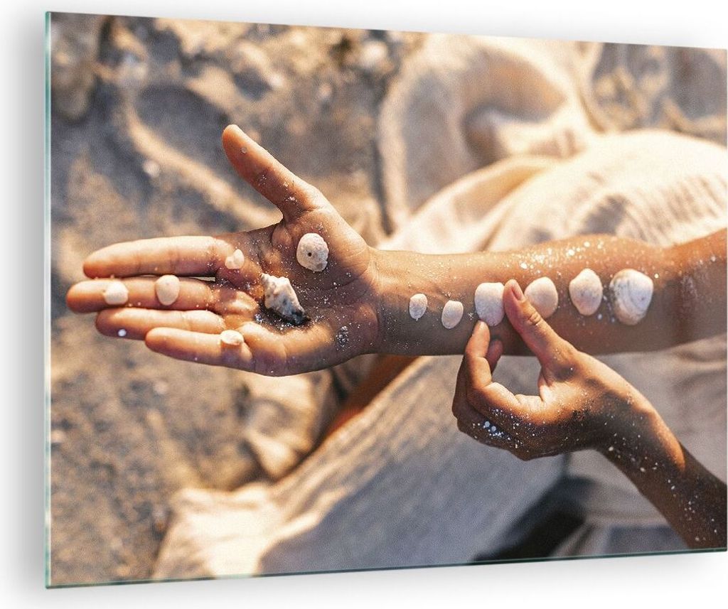 Bilder auf glas - Einteilig - Muschel Hand Strand - 70x50cm - Glasbilder - Wandbilder - Bilder - zum Aufhängen bereit - Wanddekoration aus Glas - ...