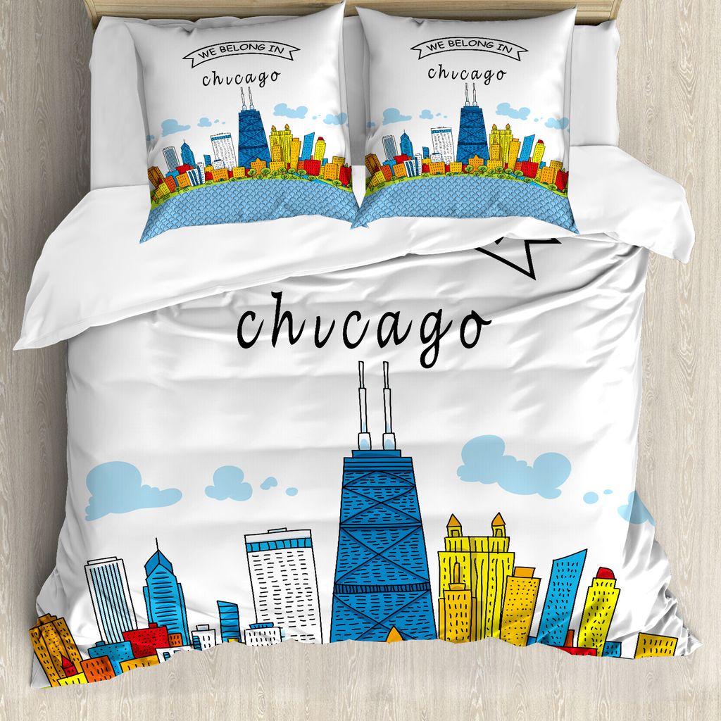 ABAKUHAUS Landschaft Bettbezug, Chicago USA Cartoon, Milbensicher Allergiker geeignet mit Kissenbezügen, 155 cm x 220 cm - 80 x 80 cm, Mehrfarbig