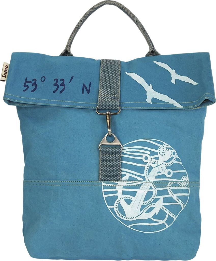 Sunsa Damen Umhängetasche. XL Leinwand/Canvas Tasche. Roll Top Vegan Damentasche in Maritim/Anker Design