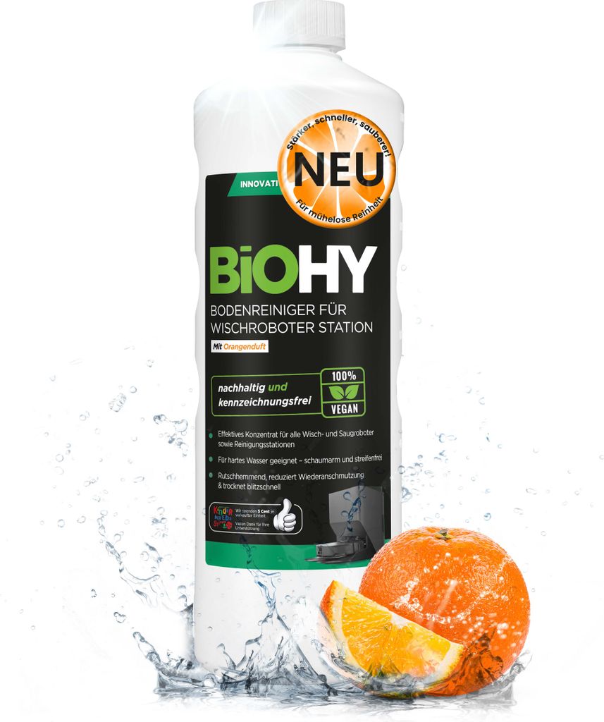 BiOHY Bodenreiniger für Wischroboter Station mit Orangenduft, Reiniger für Reinigungsstationen, Für hartes Wasser geeignet, Nicht schäumender B...