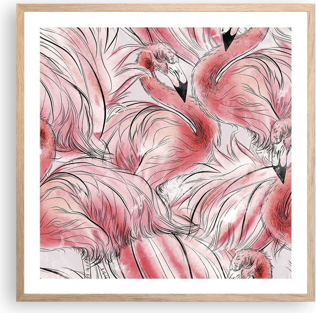 Gerahmtes Poster - Rahmen in heller Eiche - Flamingo Pink Exotik - 60x60 cm - Wand Bild - Wanddeko - Wandbilder - Kunstposter - Wandposter - Bilder...