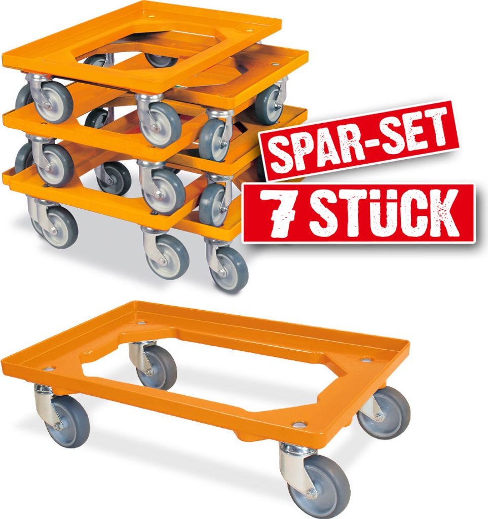 7x Logistikroller/Kistenroller für Behälter 600 x 400 mm, Tragkraft 250 kg, orange