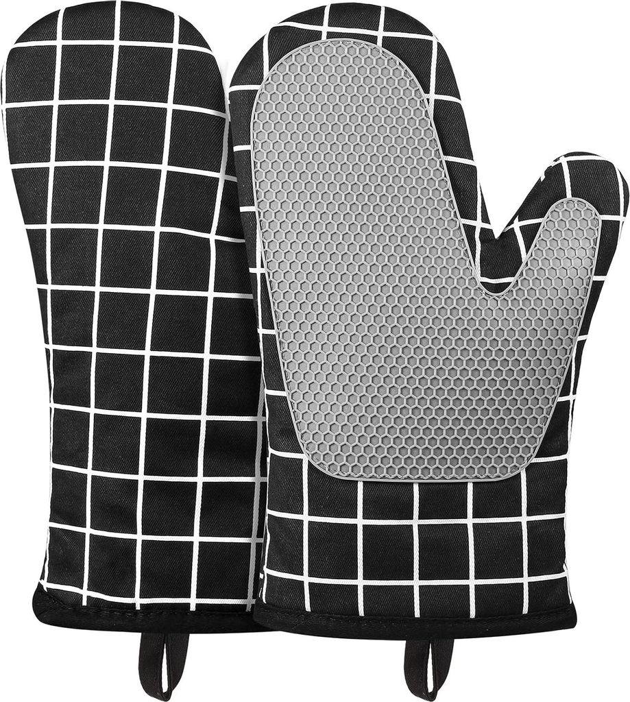 Ofenhandschuhe, Silikon-Baumwoll-Ofenhandschuhe, hitzebeständig und rutschfest, Handschuhe zum Kochen, Grillen – 1 Paar (Schwarz)