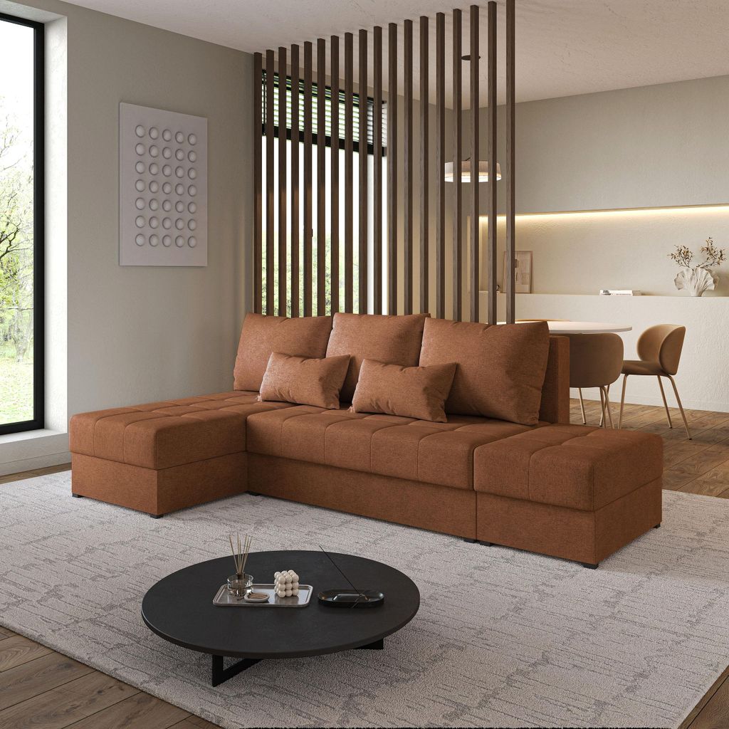 Masseno Ecksofa NORVI mit Schlaffunktion L-Form, Sofa mit Bettkasten, Wohnzimmersofa, Couch, Soffa, Bettsofa, Couchgarnitur- Orange, NEVE 52