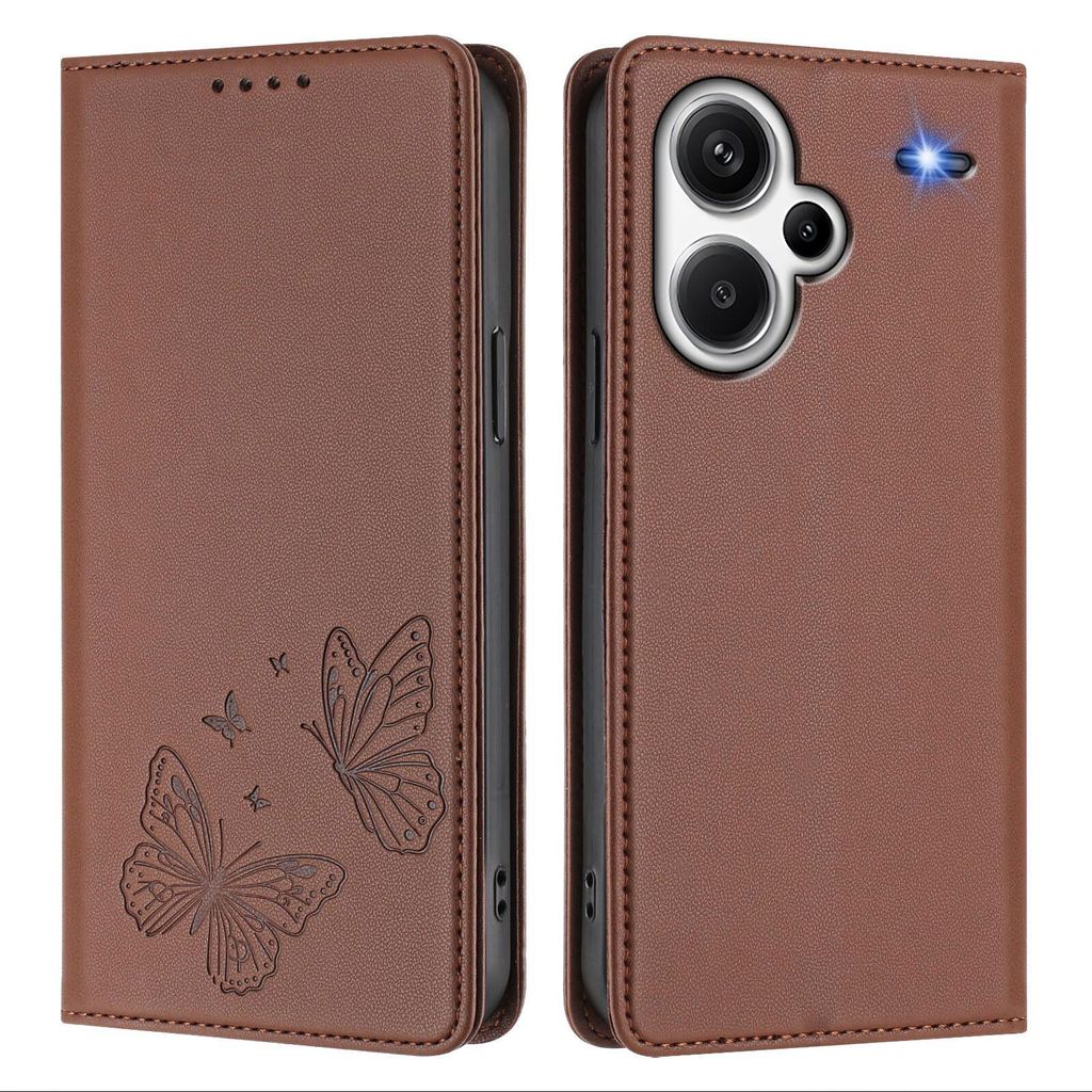 Lederhülle für Xiaomi Redmi Note 13 Pro+, Schmetterling Prägung Leder Brieftasche Schutzhülle mit Ständer Braun