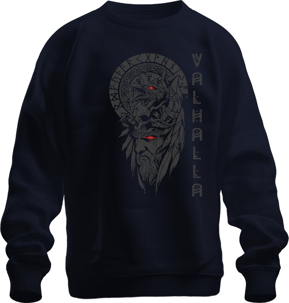 Valhalla Wikinger Totenkopf Nordisch Runenkranz Odin Raben Rot Uni Sweatshirt Pullover, Navy, L
